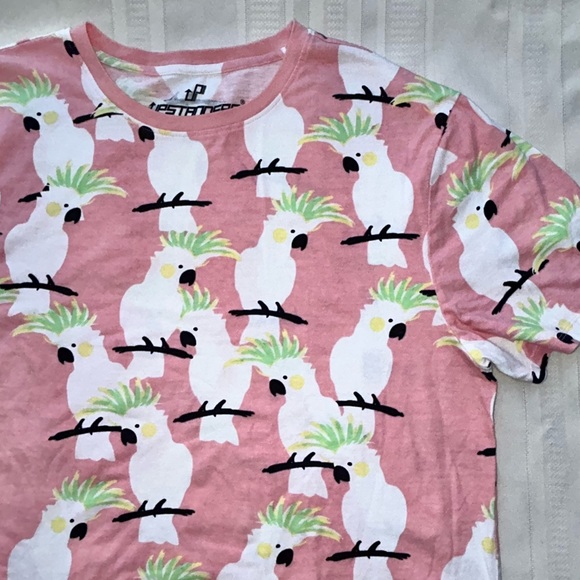 Cockatoo parrot print t-shirt short sleeve men’s XL unisex white & pink tee - Picture 1 of 6